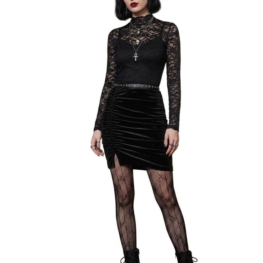 Express Black Velvet Ruched Mini Skirt Gothic Victorian Luxe Size M NWT